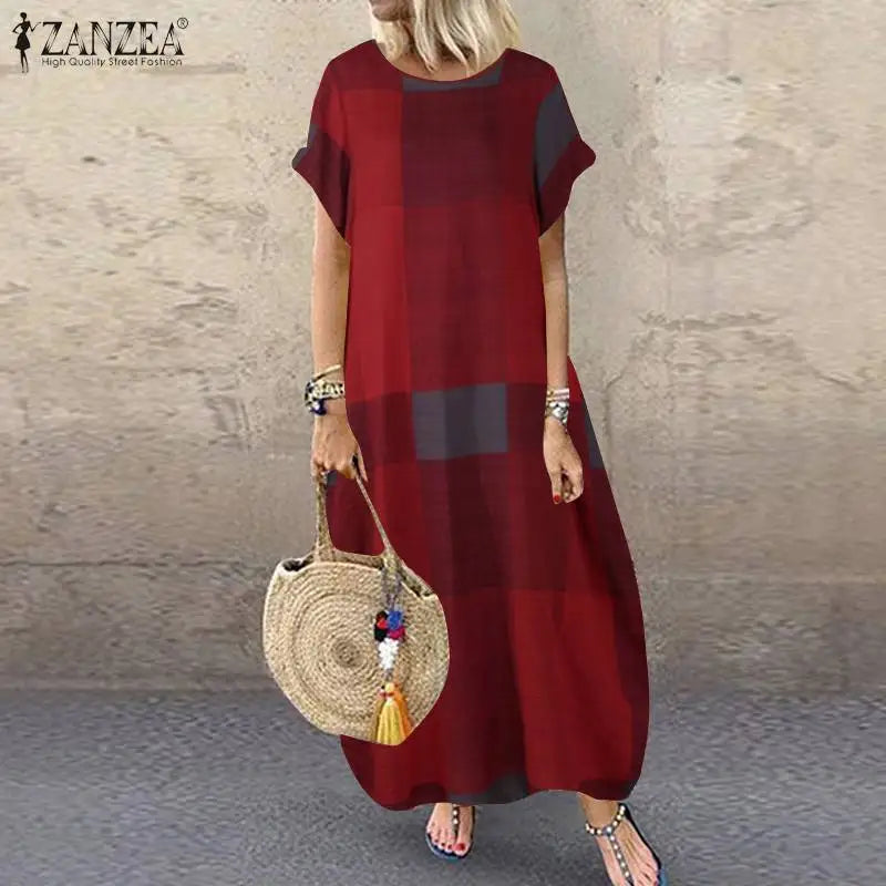 ZANZEA Bohemian Plaid Checked Sundress Summer Short Sleeve Long Dress Fashion Holiday Party Vestido Femme Casual Loose Robe 2025