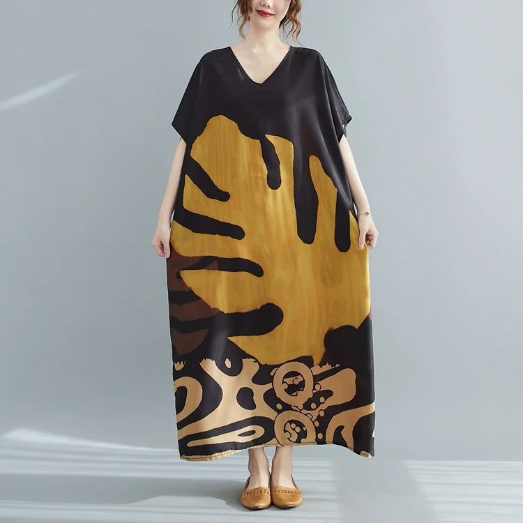 Faionable V-ne Printed Casual ort-sved Long Dr plus Size Women's New Sle  Ele Aosphere Korean Version