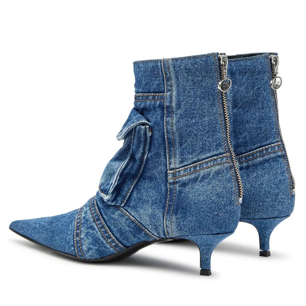 Para Mujer Women Shoes Washed Denim Pocket Boots Fashionable Pointed Thin Low Heel Rear Zipper Short Boots Botas De Invierno