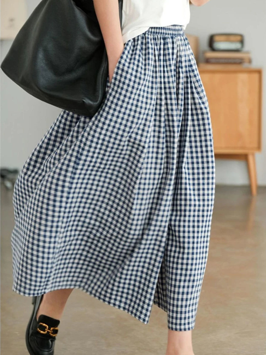 Elegant Woman Dress Plaid Pants Thin Cotton Linen Wide Leg Trousers Women 2023 Summer High Waist Baggy Jogger Pants Sweatpants