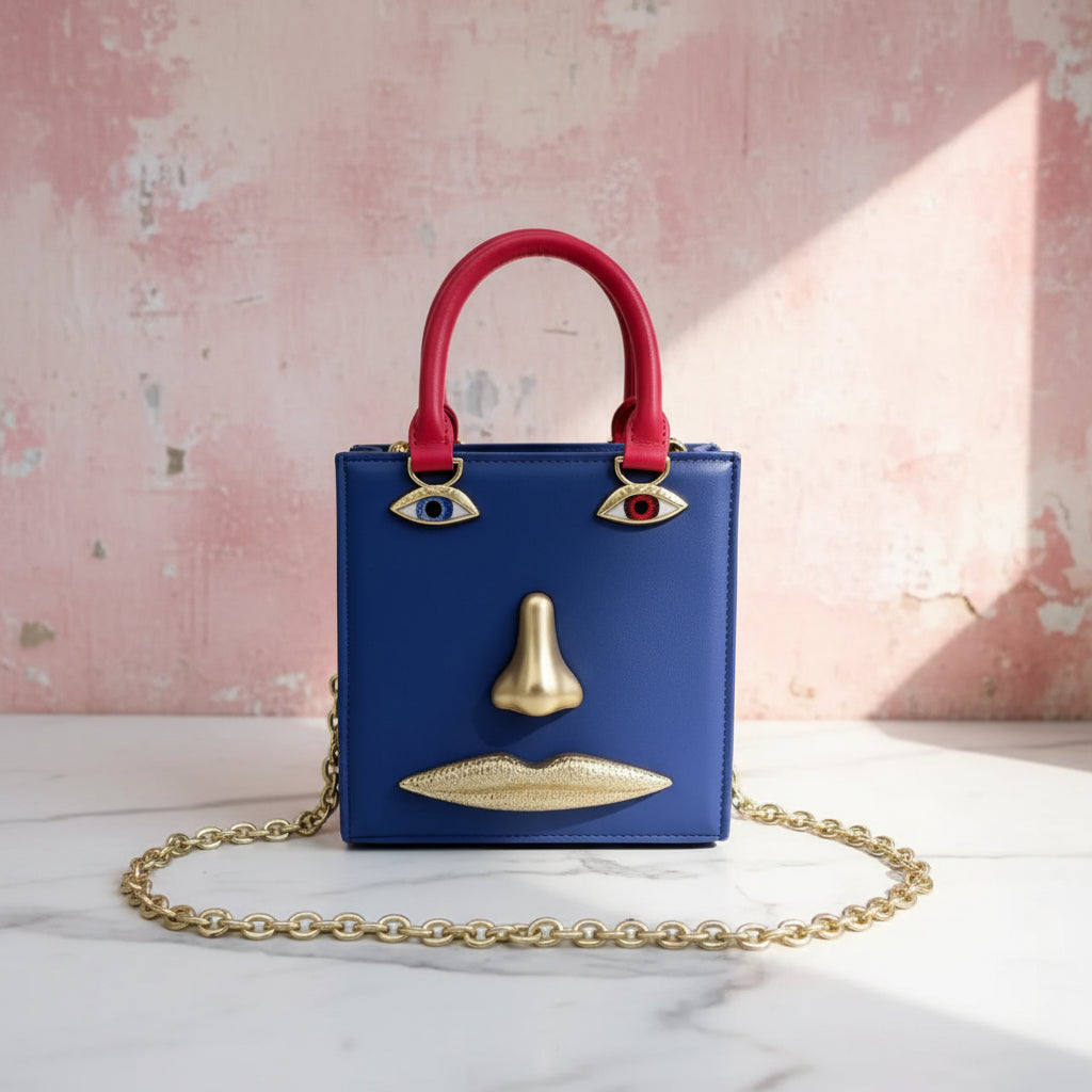 2026 Summer New Women's Surreal  Leather Handbag 3D Face Hand Grip Pattern Tote Bag Silver Patent Leather Square Versatile Shoulder Bag