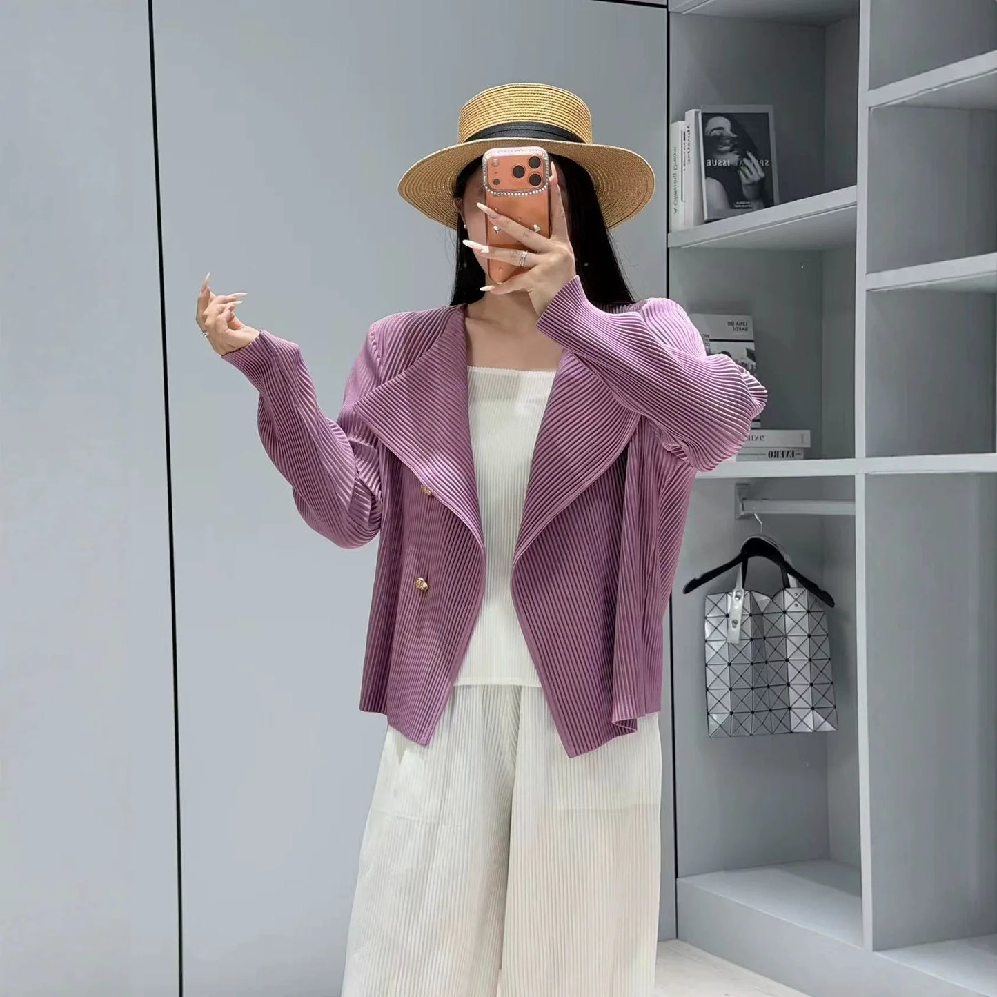 Miyake Style Pleated Blazer  in Spring and Autumn Irregular Design Large Lapel Cardigan Temperament Versatile Pleated Top