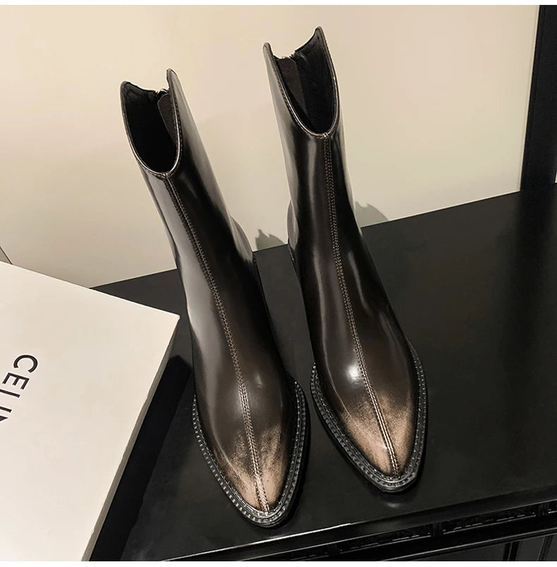 Ods New Women Genuine Leather Pointed Toe Knee High Boots Black White Brown Side Zipper Female Shoes Thick Heel Plus Size 42