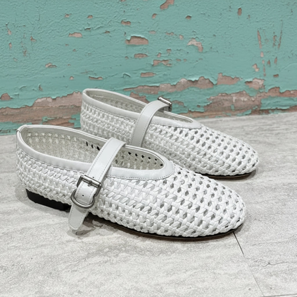 In style Fashion Summer Woven Women Ballet Flats Breathable Hollow out Mary Janes Leather Lazy Walking Loafers Girls Shoes