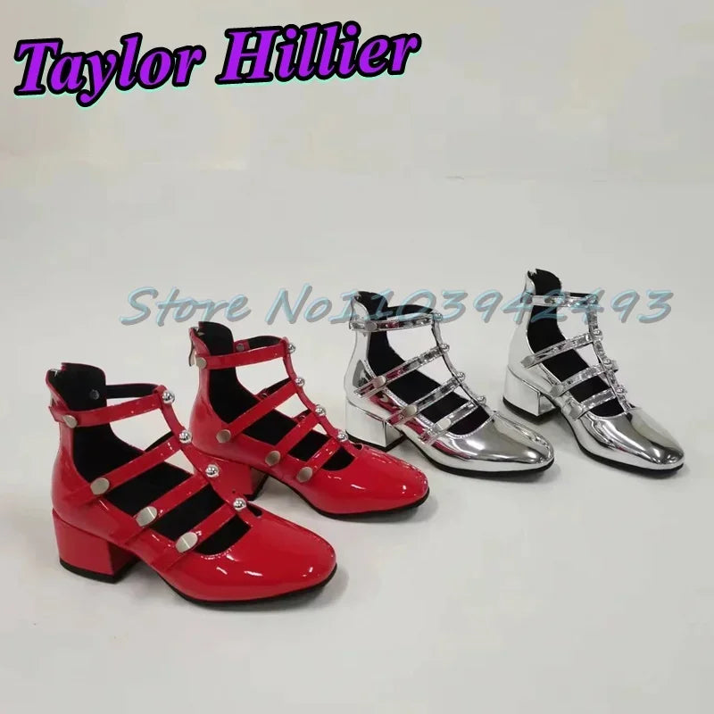 Gladiator Green Heeled Sandals Rivets Women Designer Luxury Shoes Patent Leather Solid Sandalias De Mujer Roman Strappy Palace