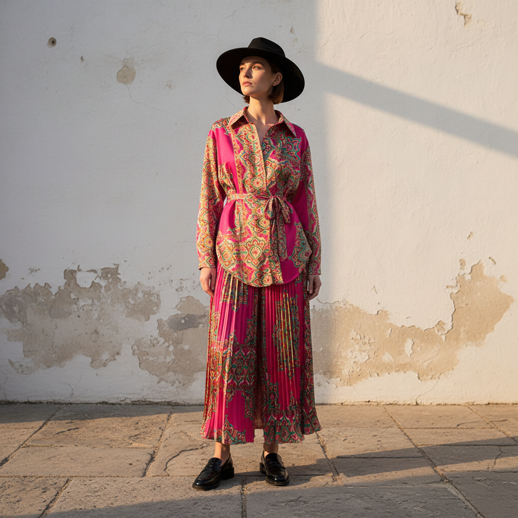 Spring Women's Retro Geometric Printed Collar Hoodie Loose Long Shirt Two Piece Set+Wide Leg Pants Fashion Set