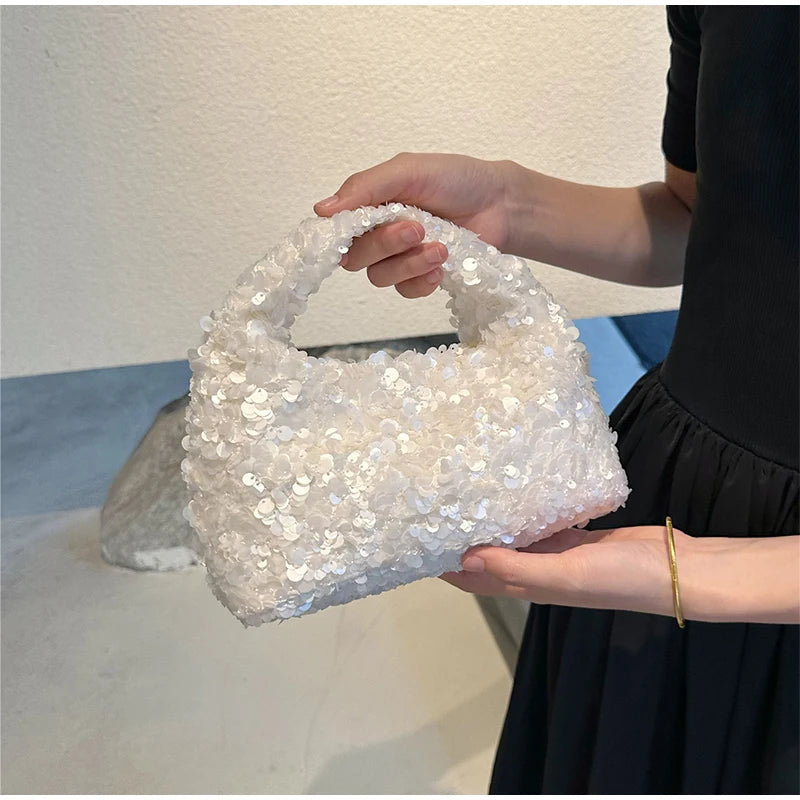 Luxury Pearlescent Sequin Elegant Clutch Purse,Niche French Designer Dumpling Cloud Hobo Evening Bag,Crescent Women Handbag