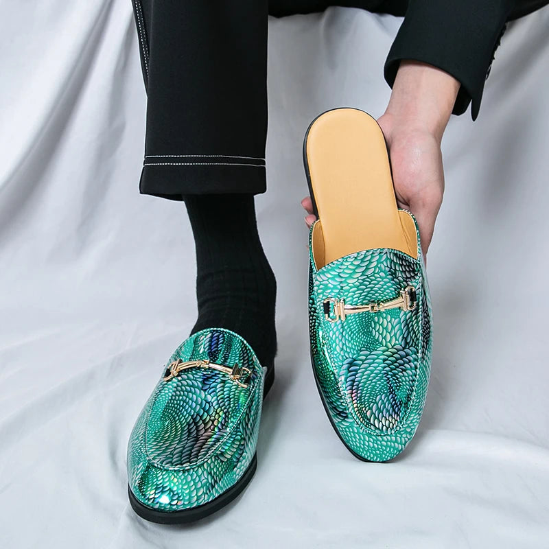 Fashion Brand Men's Cool Snake Skin Pattern Comfortable Half Back Leather Shoe Summer Men Breathable Bottom Casual Leather Shoes