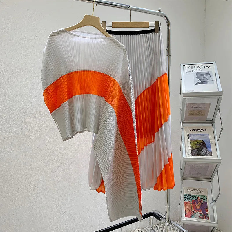 Miyake Pleated Two Piece Skirt Sets Women Sleeveless Irregular T-shirt Long Contrasting Color Skirt