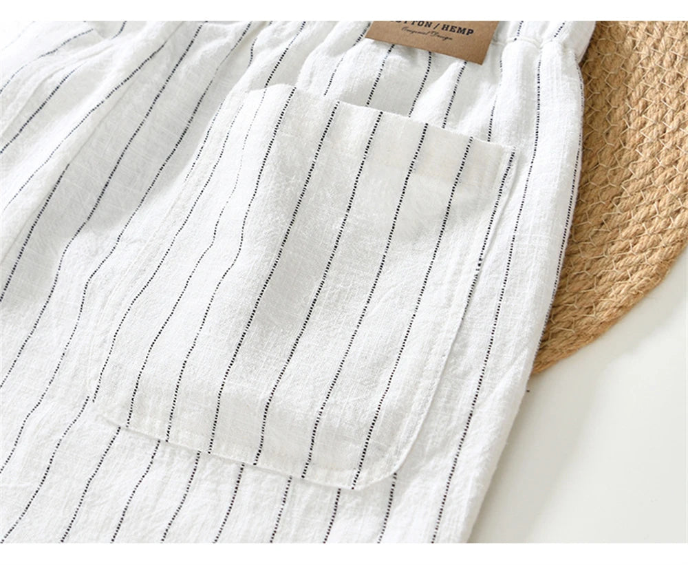 Summer cotton linen men's beach shorts loose fit breathable ramie striped straight daily causal pants for men