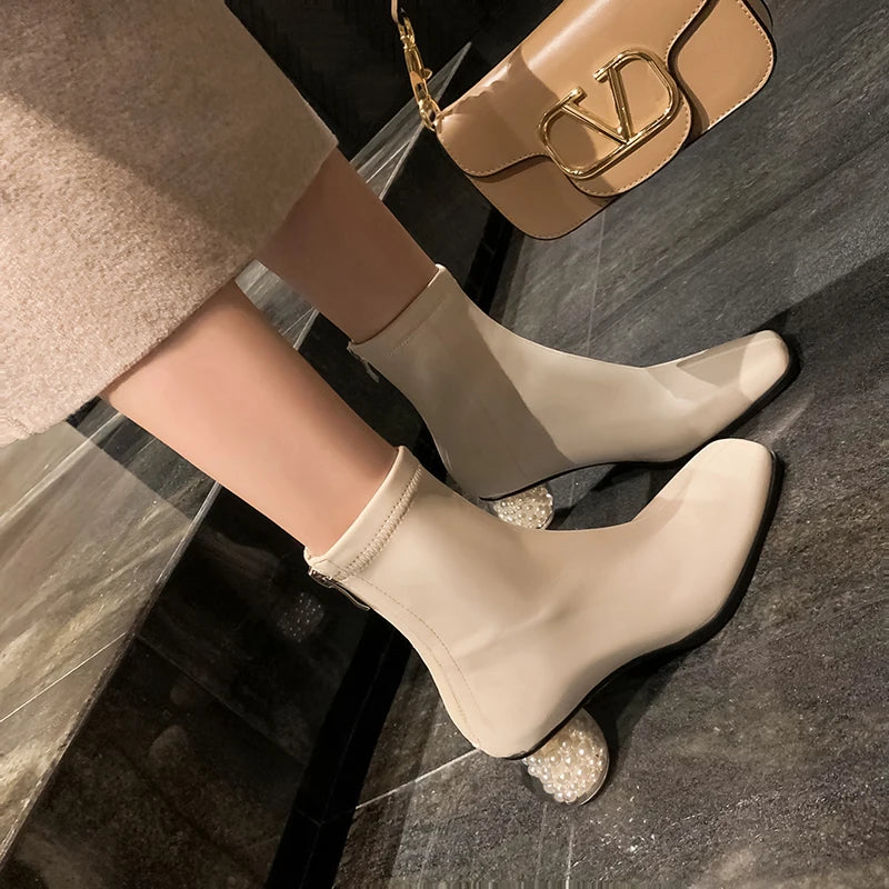 Stretchable Short Boots Women Square Toe Pearl Heels Young Ladies Fashion Ankle Boots Female Party Dating Shoes