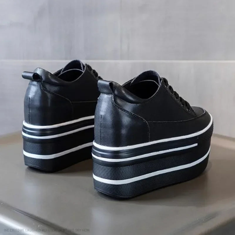 Fashion 10.5cm High Thick Heel Platform Flats Women Casual Shoes Genuine Leather Soft Quality Casual Shoe Sneakers White Black