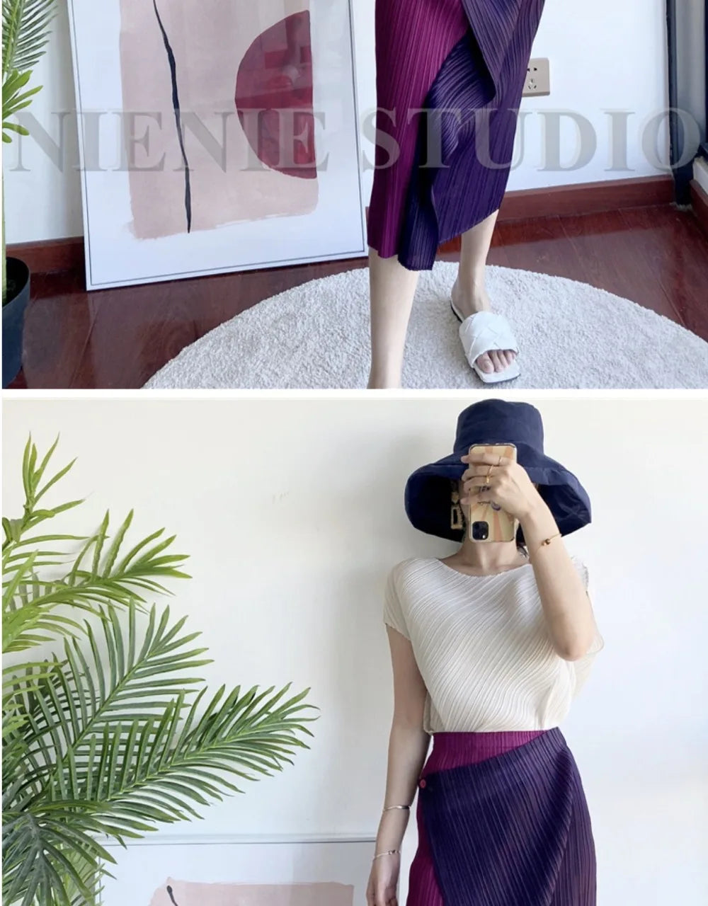 Miyake Pleated Skirt High Waist One Button Stitching Long Asymmetrical Skirt Two Piece Straight Korea Fashion Aesthetic Clothes