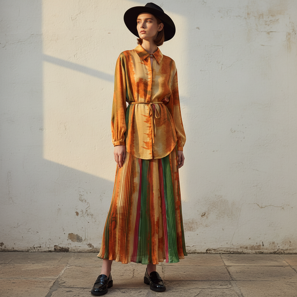 Spring Women's Retro Geometric Printed Collar Hoodie Loose Long Shirt Two Piece Set+Wide Leg Pants Fashion Set