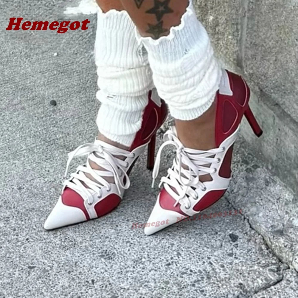 Patchwork Cross Tied Shallow Pumps Pointy Toe Lace-Up Stiletto Heels Pumps for Women 2025 Newest Splicing Runway Street Shoes