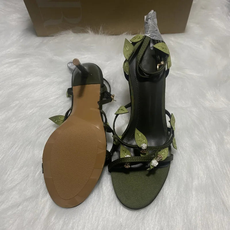2025 Summer Leafs Satin Narrow Band Women Gladiator Sandals Fashion Stiletto High heels Female Party Dress Shoes Sandals Mujer