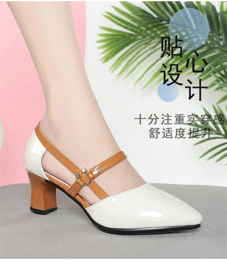 2024 Soft Leather Sandals Women Spring Summer Fashion Pointed Tip Single Shoes Low-Heel Hollow Buckle Ventilate Office Gentle