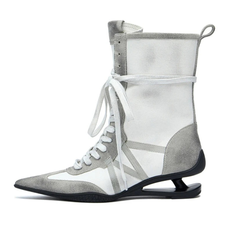 Pointed Toe Cross-tied Designer Women Boots Warm Strange Heel Retro Ankle Boots Zip Street Style Fashion High Short Boots Female
