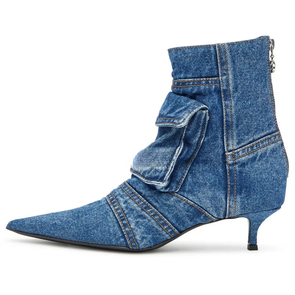 Para Mujer Women Shoes Washed Denim Pocket Boots Fashionable Pointed Thin Low Heel Rear Zipper Short Boots Botas De Invierno