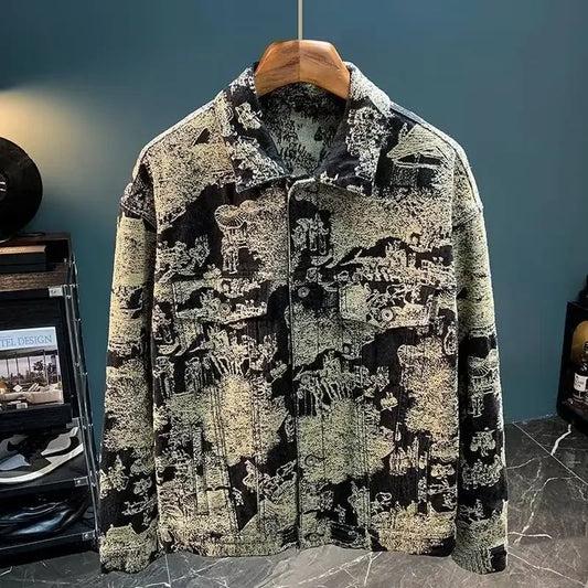 Retro Camouflage Loose Men's Jacket Long Sleeve Embroidered Denim Coat Fashionable Trendy Outerwear Comfortable Fit Male Coat