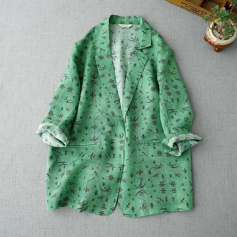 New Women's Spring and Summer Ramie Printed Cropped Sleeves Loose Suit Jacket Women's Casual Literary Thin Coat Women's Coat