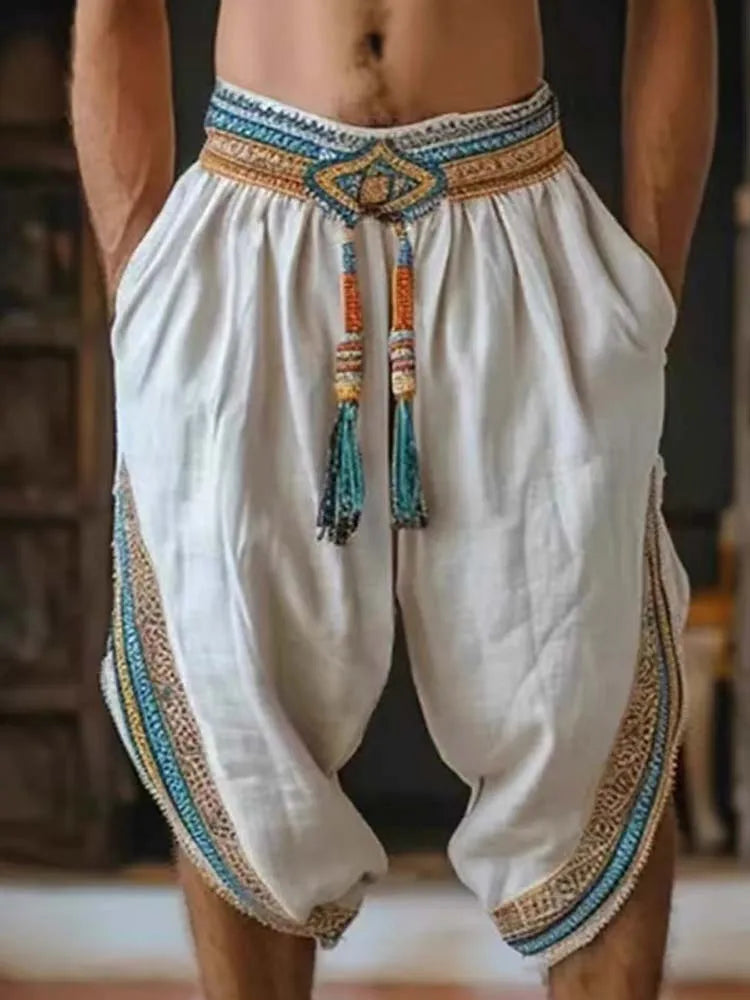 Summer Men's Tassel Elastic Waist Casual Beach Pants 2025 New Ethnic Linen Trendy Loose Printed Lace Comfort Cropped Pants Men's