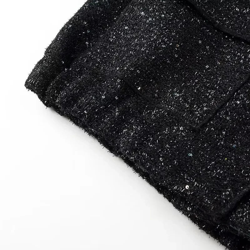 Women's Sequined Bomber Jacket Fall New Round Neck Long Sleeve Pocket Stretch Hem Sequins Jacket Coat Female Chic Outerwear