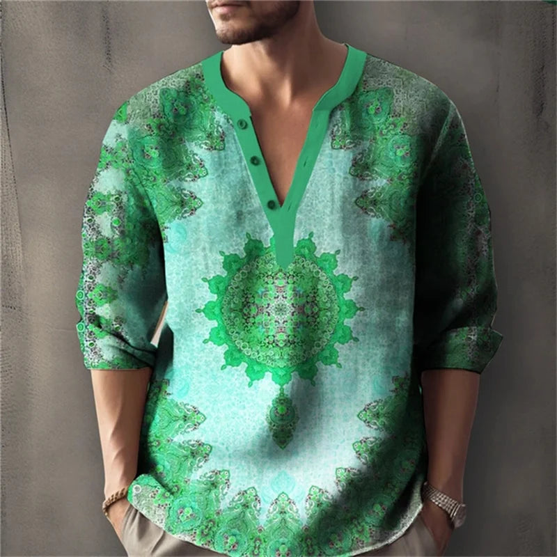 Men's Long-Sleeved Shirt with Retro Print, Stylish Design, Outdoor Casual Henley Collar, Loose Fit, Men's Vacation Top, XS-6XL.