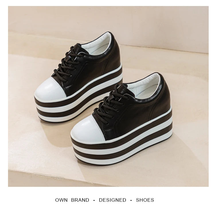 12cm Genuine Leather Platform Wedge Chunky Sneaker Hidden Heels Casual Breathable New Spring Autumn High Brand Vulcanize Shoes