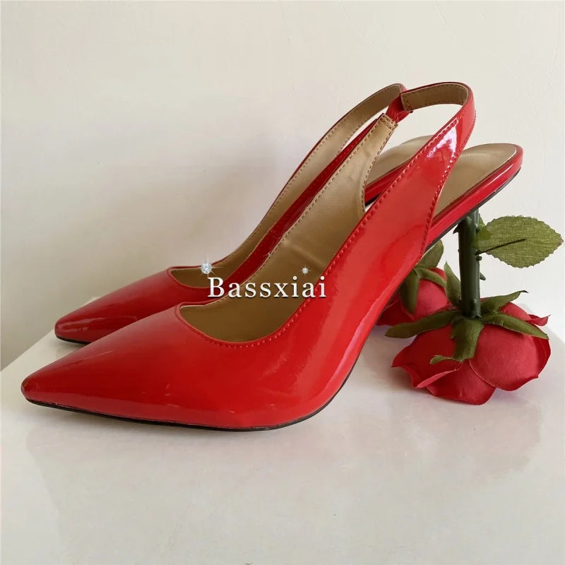 Unique Rose Flower Heel Women Pumps Genuine Leather Slingbacks Sexy Pointed Toe Dress Shoes For Girls