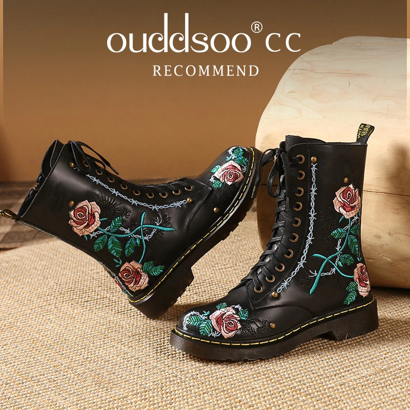 Ods Handmade Embroidery Rose Flower Retro Lace-up Mt Woman Genuine Leather Round Toe British Style Ankle Boots Big Size 40414243