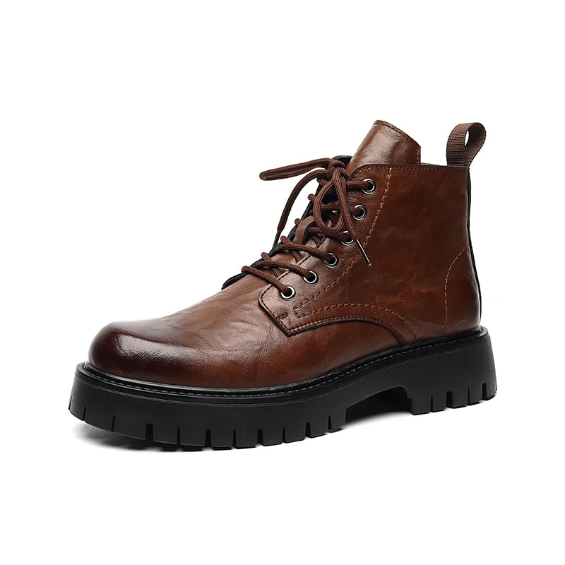 New Fashion Lace Up Casual Mens Boots Mens Thick Sole Ankle Boots Trendy Comfortable Mens Classic Black/Brown Motorcycle Boots