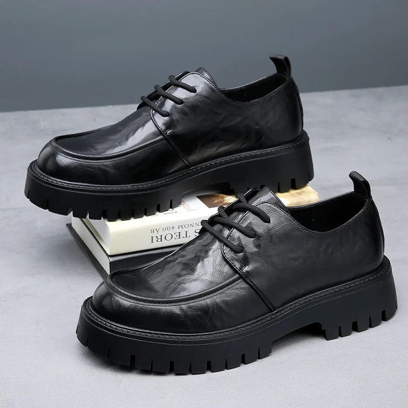 Men's Fashion Genuine Leather British Style Thick Bottom Work Shoes Classic Lace Up Comfortable Anti Slip Big Head Leather Shoes