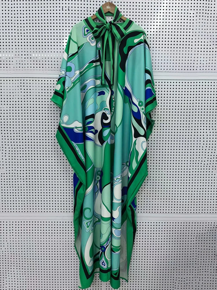 Retro geometric print lace up waist cinched round neck pullover dress 2026 summer women's wide and relaxed slit puffy skirt