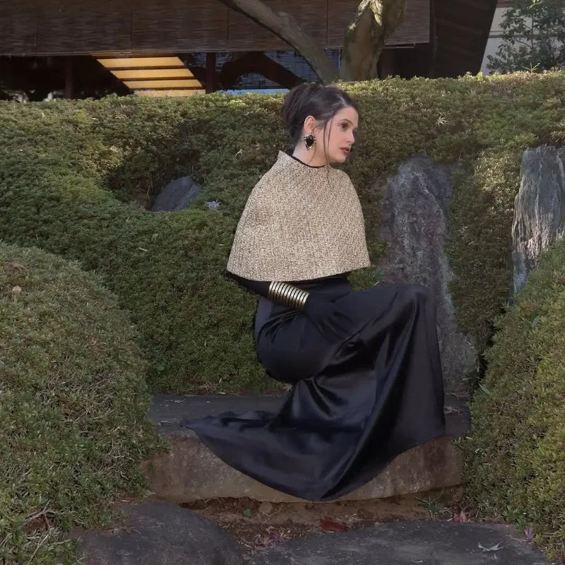 Elegant Chic Gold Sparkle Capelet Top Shiny Tweed Shoulder Wrap Turtleneck Short Cloak New Lady Evening Club Party Tops 2026