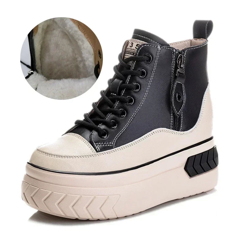 High Top Women Shoes Genuine Leather 8cm Platform Boots Ankle Wedge Hidden Heel Zip Autumn Warm Fur Winter Shoes Sneakers