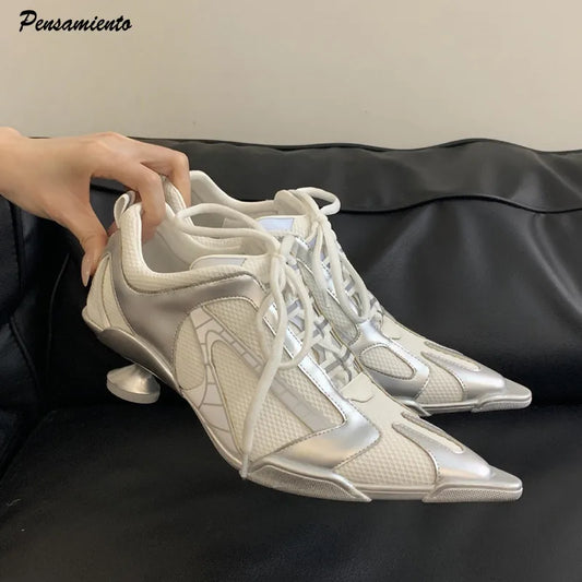 Sport Style Fashion Mixed-color Pointed toe Women Pumps Spring Autumn Breathable Mesh Strange High heels Casual Sneakers Shoes