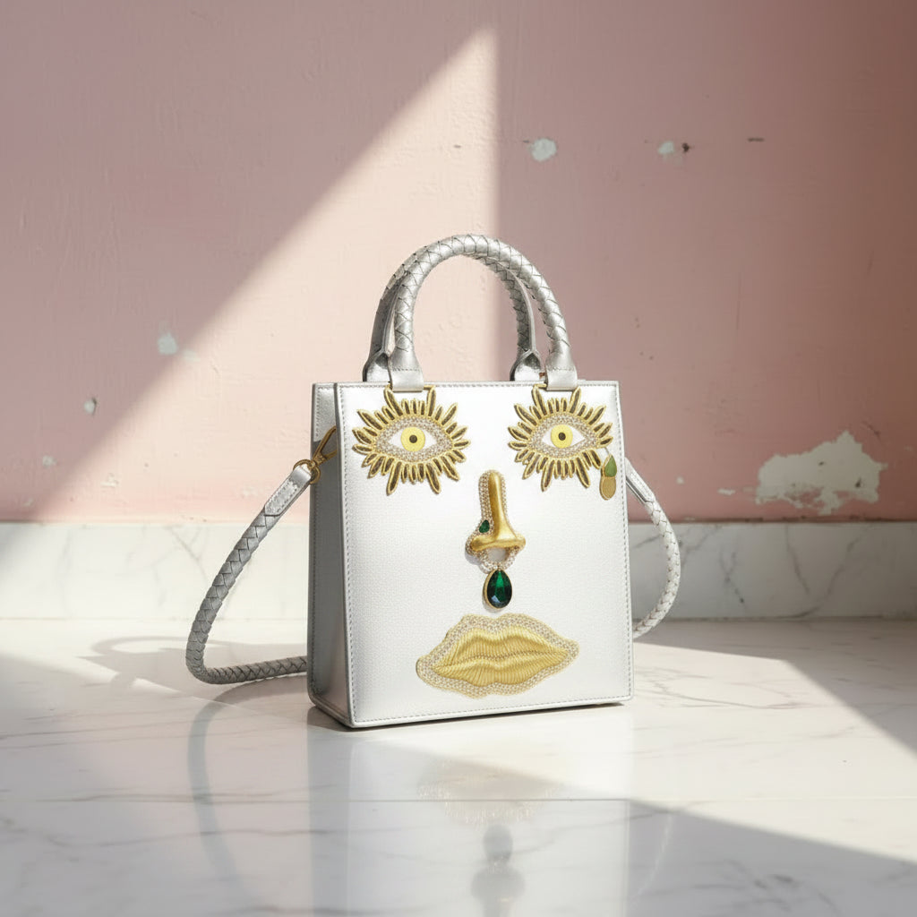 2026 Summer New Women's Surreal  Leather Handbag 3D Face Hand Grip Pattern Tote Bag Silver Patent Leather Square Versatile Shoulder Bag