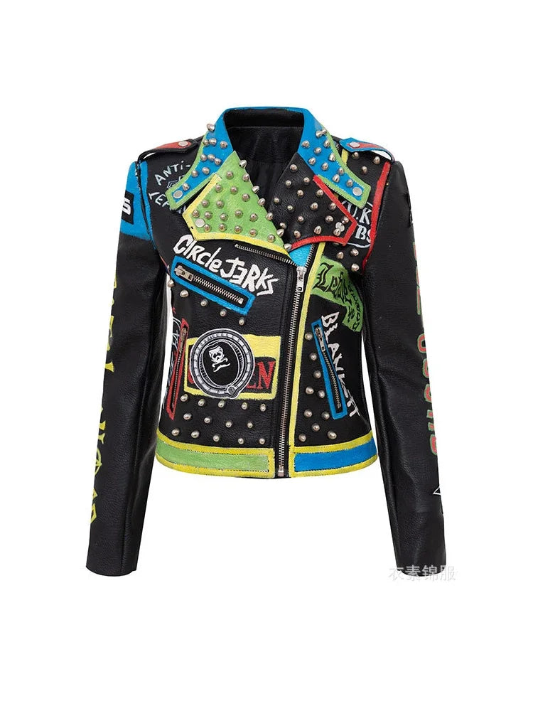 Candy Punk Streetwear Motorcycle Leather Jackets Women 2025 Trend Contrast Color Print Short Punk Studded Faux Leather Biker Jacket