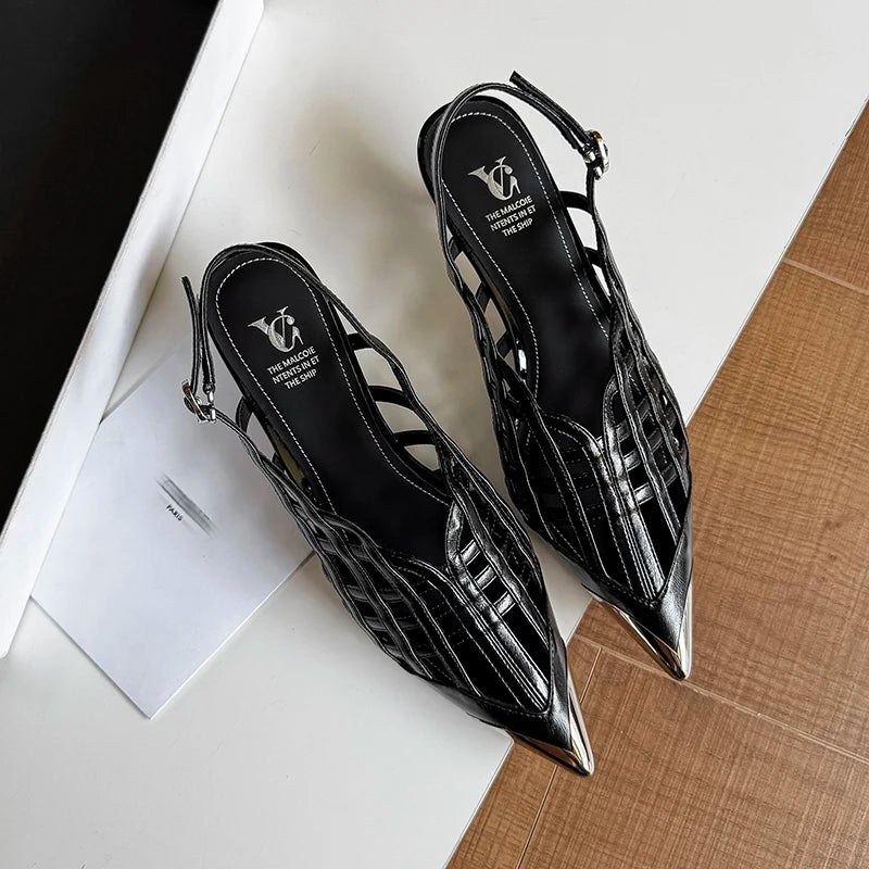 Sexy Real Leather Sandals Women Covered Metal Head Toe Narrow Band Sandals Ladies Party Dating Summer Med Heels