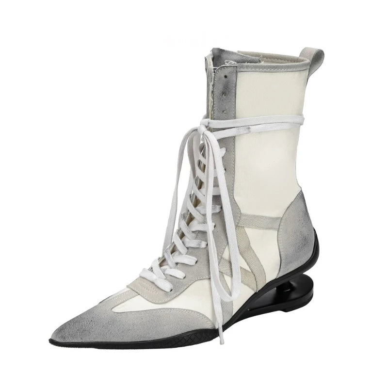 Pointed Toe Cross-tied Designer Women Boots Warm Strange Heel Retro Ankle Boots Zip Street Style Fashion High Short Boots Female