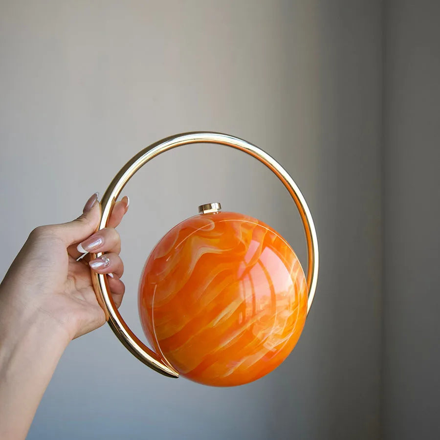 Fashion Marble Pattern Acrylic Round Evening Bag for Women Luxury Designer Metal Handle Lady Handbags Elegant Party Purses 2025