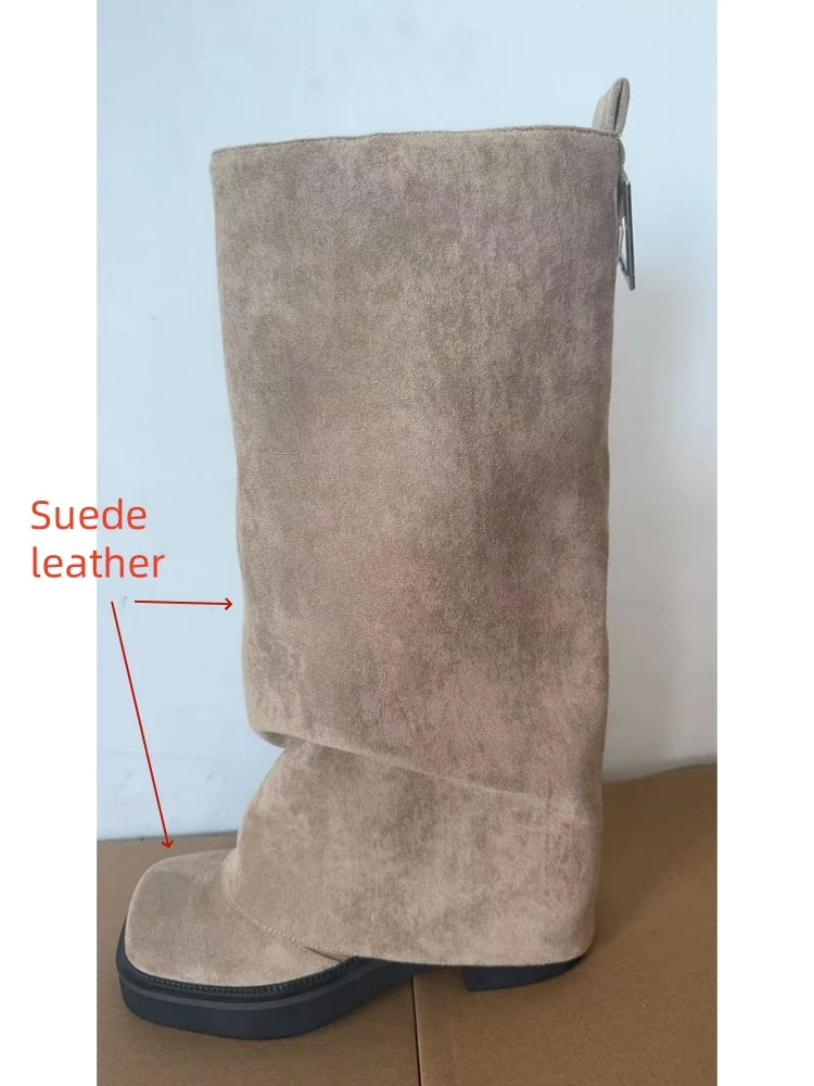 Women's Chunky Leather Flats & Knee Boots - Square Toe Loose Fit Spring-Autumn Casual Shoes with Pleated Pants