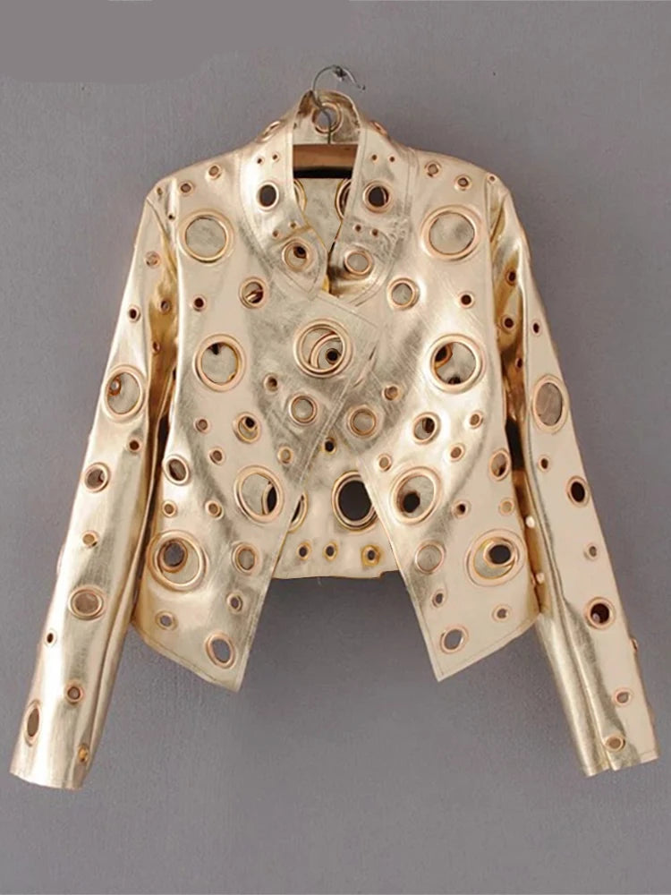 Rocker Runway Cut Out Short Faux Leather Jacket Golden Rivet Cool Stylish Designer Clothes Women European American Fashion 2022