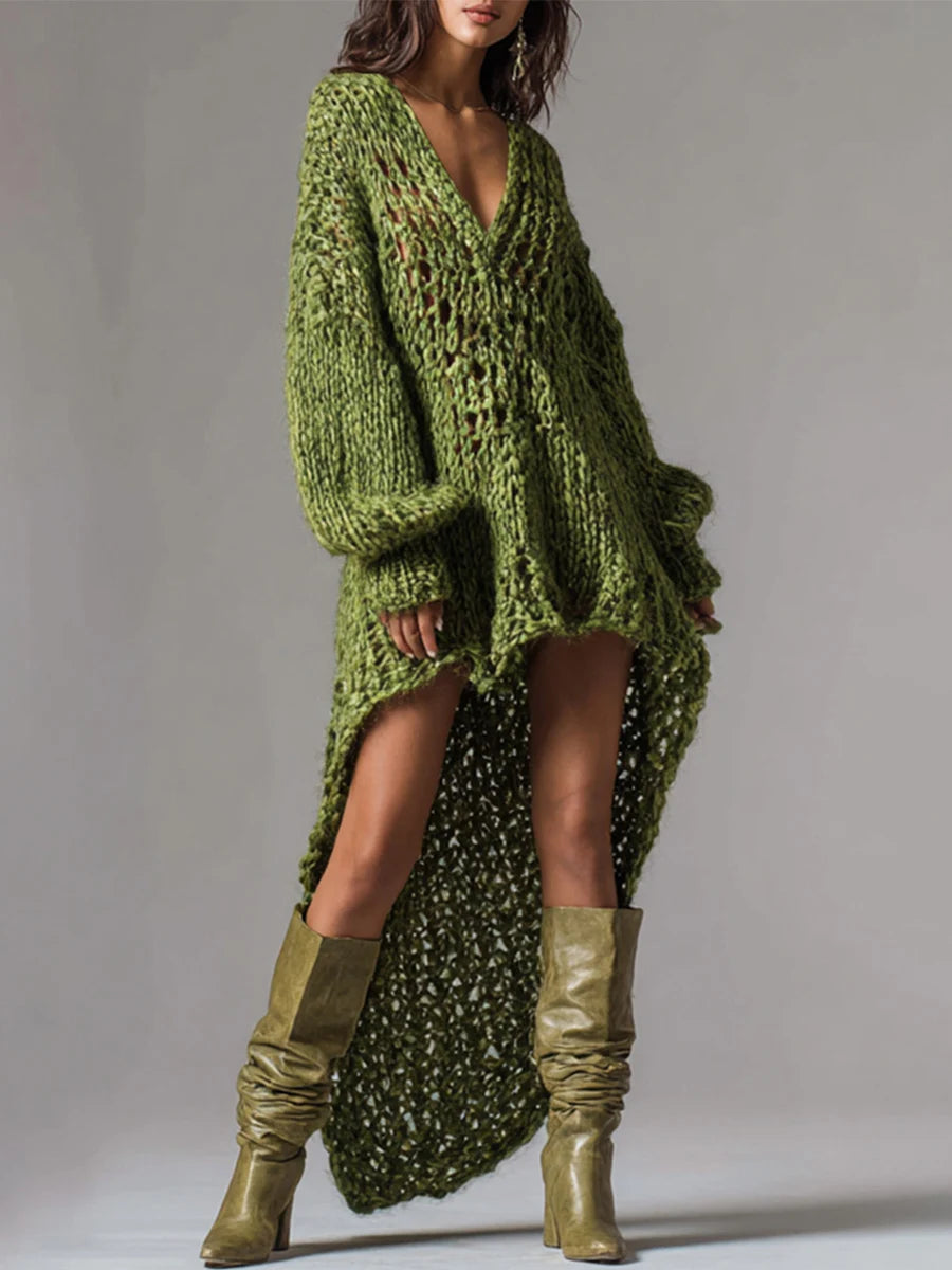 V-Neck Rib Knitted Dress Hollow Out Loose Fit Mini Skirt Asymmetrical Hem Street Style Sexy Trendy Women's Fashion Party Dresses