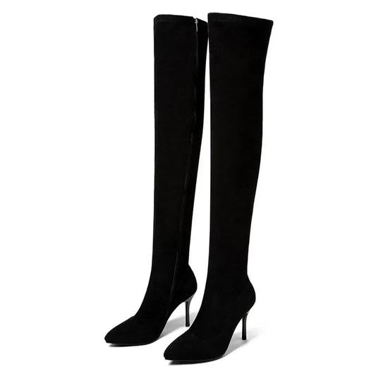 Slim Women Thigh High Boots Black Stretch Flock Thin Spike Heels Sexy Dress Club Party Office Lady Pointed Toe Zipper Long Boots