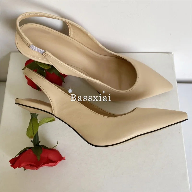 Unique Rose Flower Heel Women Pumps Genuine Leather Slingbacks Sexy Pointed Toe Dress Shoes For Girls