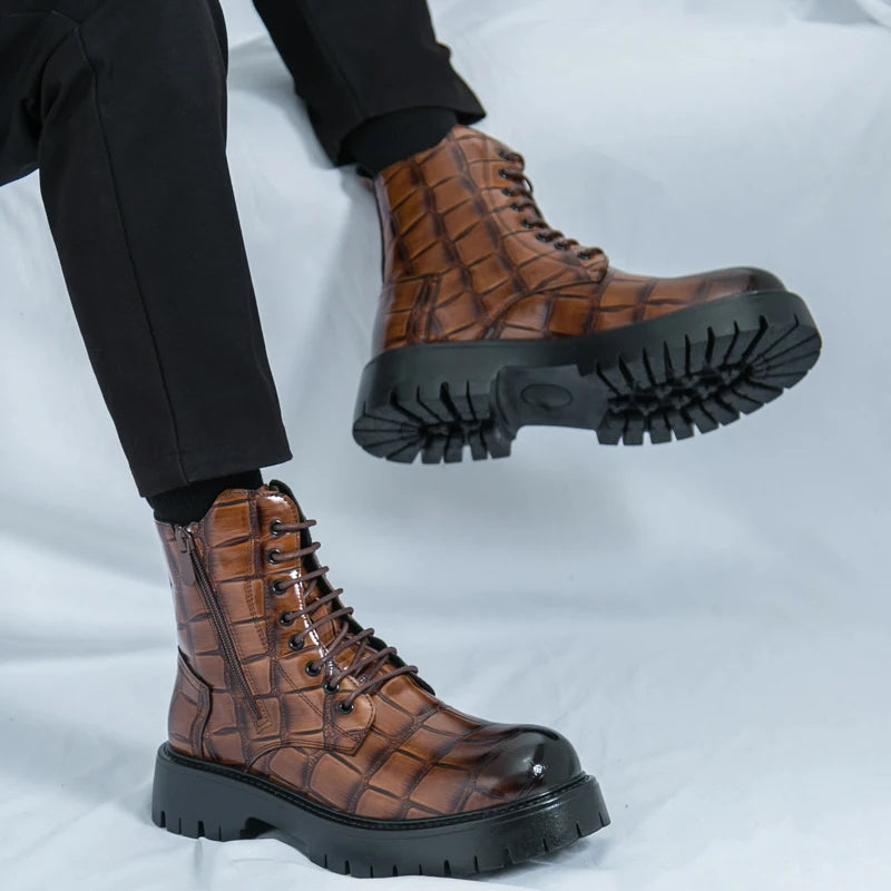 Luxury Brand Men's Autumn and Winter Crocodile Leather Side Zipper High Top Boots Fashionable New Men's Comfortable Short Boots