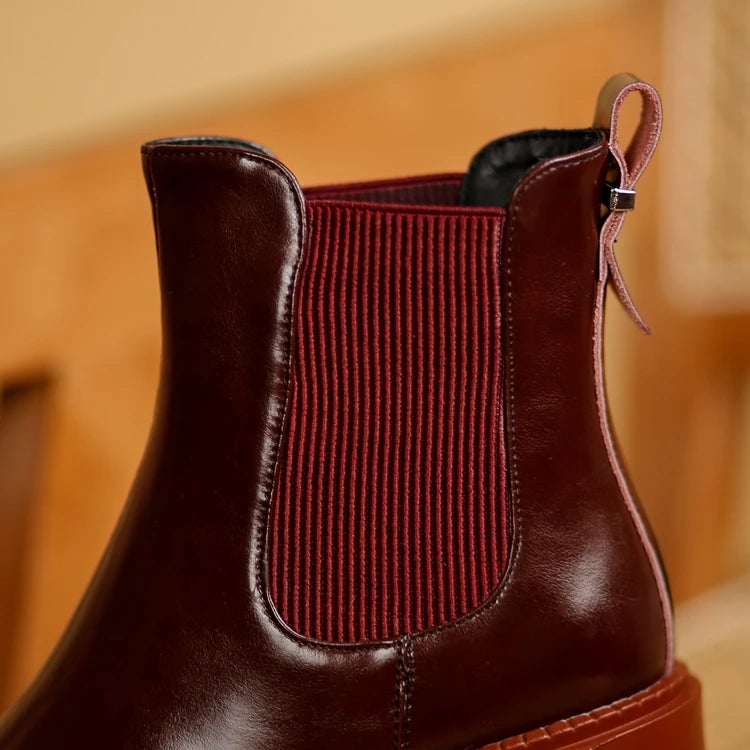Winter Genuine Leather Chelsea Boots Women Shoes Retro Round Toe Women Platform Thick Heels Short Booties Autumn
