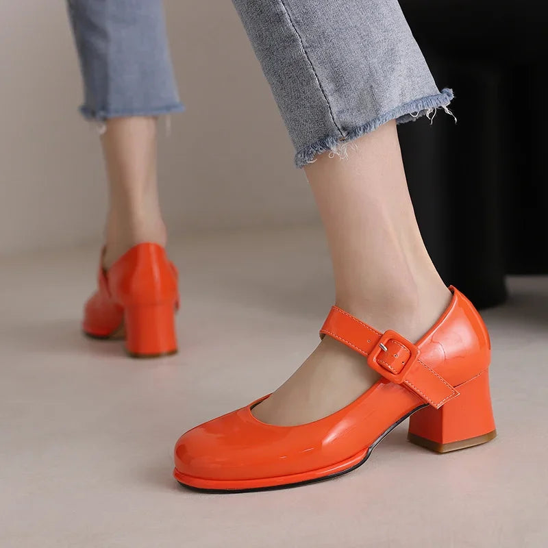 Spring Autumn Women Platform Mary Janes High Thick Heel Orange Red Patent Leather Dress Office Lady Round Toe Buckle Strap Pumps